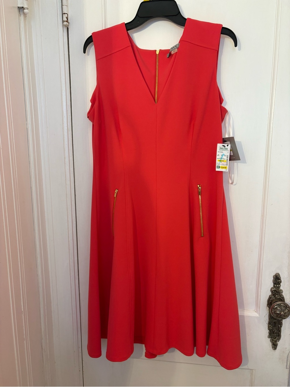 Andrew Marc Red Sleeveless Midi Dress with Gold Zippers, color- watermelon